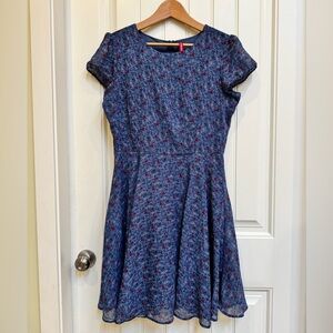 Manguun Blue Floral Sheer Lined Short Sleeved Dress. Size L